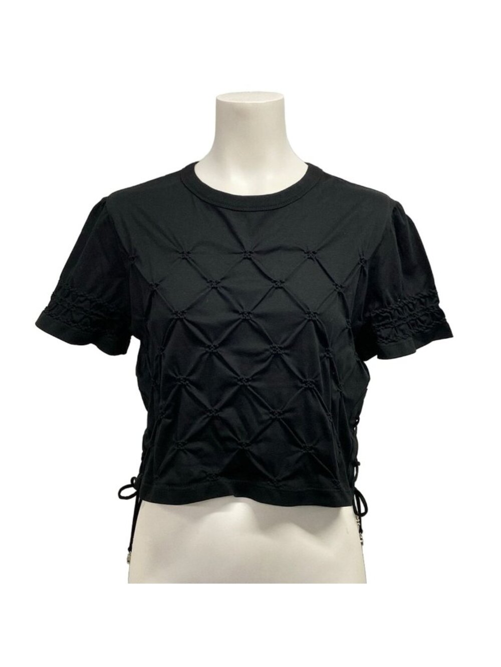 Chanel Short Sleeve Top M Black Lace-up Short Length Rhinestone Cotton